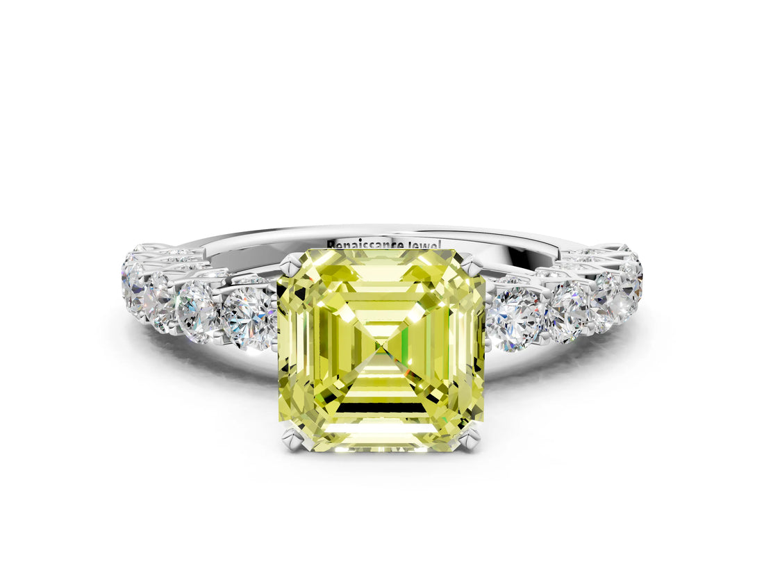 White gold Fancy Yellow Asscher Cut Diamond Solitaire Ring with Shared Prong Pavé Band and Four-Prong Setting_17