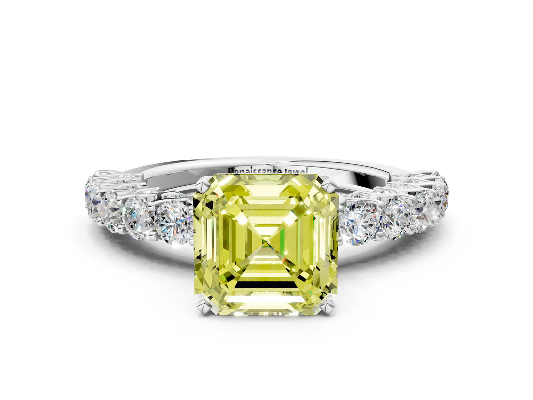 White gold Fancy Yellow Asscher Cut Diamond Solitaire Ring with Shared Prong Pavé Band and Four-Prong Setting_29