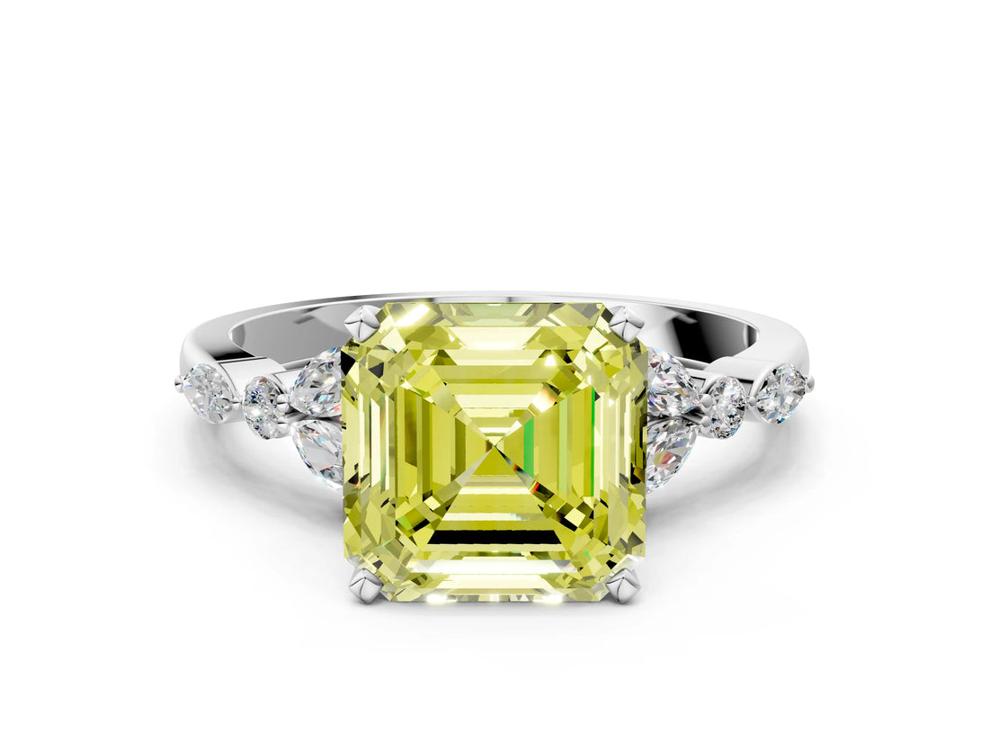 White gold Fancy Yellow Asscher Cut Diamond Solitaire Ring with Side Stones and Four-Prong Setting_75