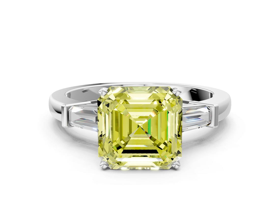 White gold Fancy Yellow Asscher  Cut Diamond Solitaire Ring with Tapered Baguette Accents and Four-Prong Setting_16