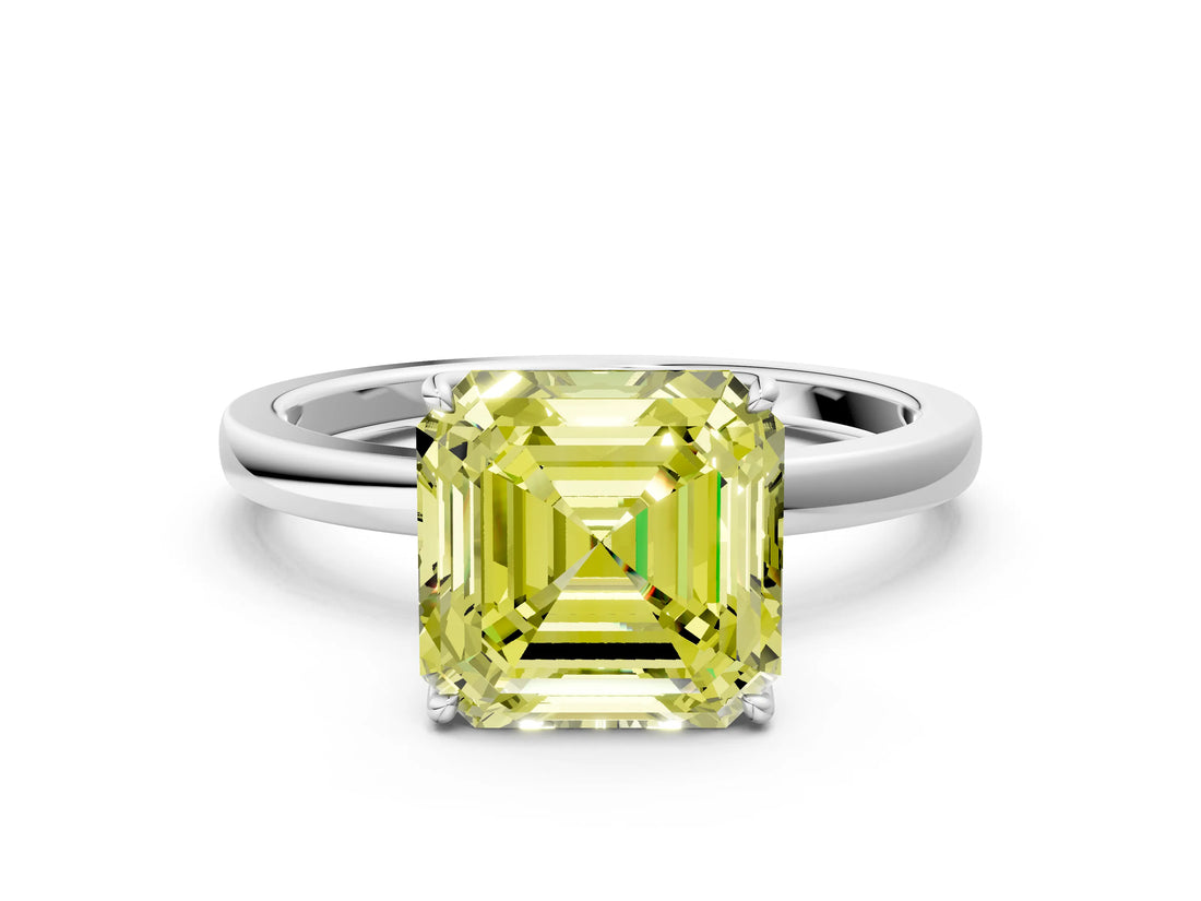 White gold Fancy Yellow Asscher Cut Diamond Solitaire Ring with Thin Band and Prong Setting_22