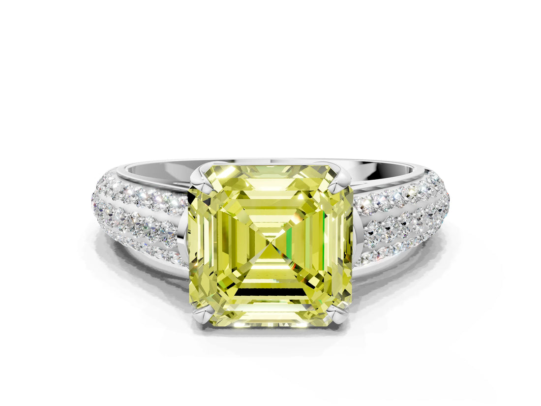 White gold Fancy Yellow Asscher Cut Diamond Solitaire Ring with Three-Row Pavé Band and Four-Prong Setting_29