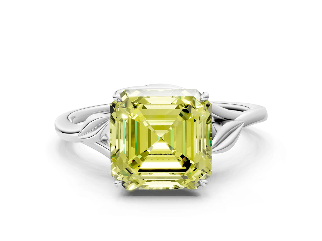 White gold Fancy Yellow Asscher Cut Diamond Solitaire Ring with Twist Band and Four-Prong Setting_106