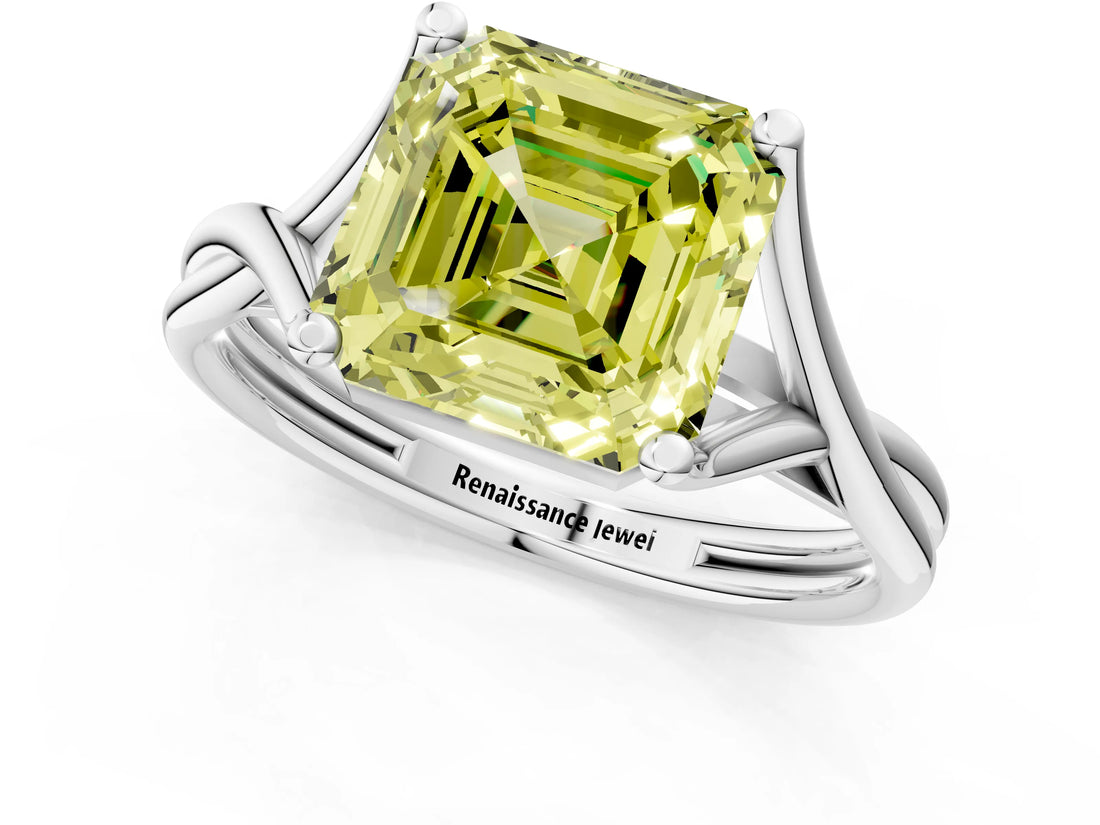 White gold Fancy Yellow Asscher Cut Diamond Solitaire Twist Band Prong Setting Ring_55