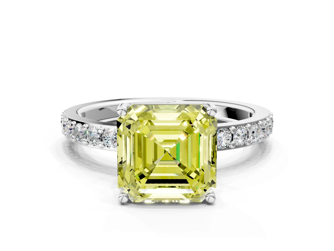 White gold Fancy Yellow Asscher  Cut Diamond Solitaire with Pave Band and Four-Prong Setting
