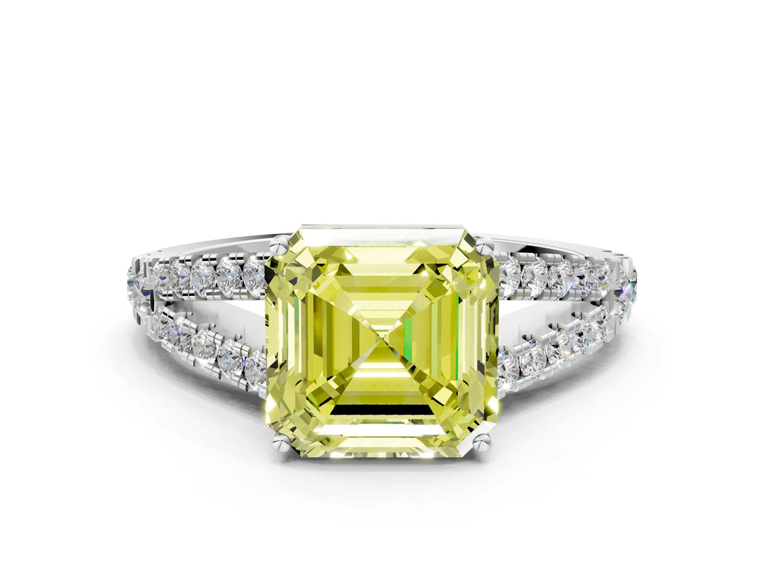 White gold Fancy Yellow Asscher Cut Diamond Split Shank Pavé Engagement Ring with Four-Prong Setting_29