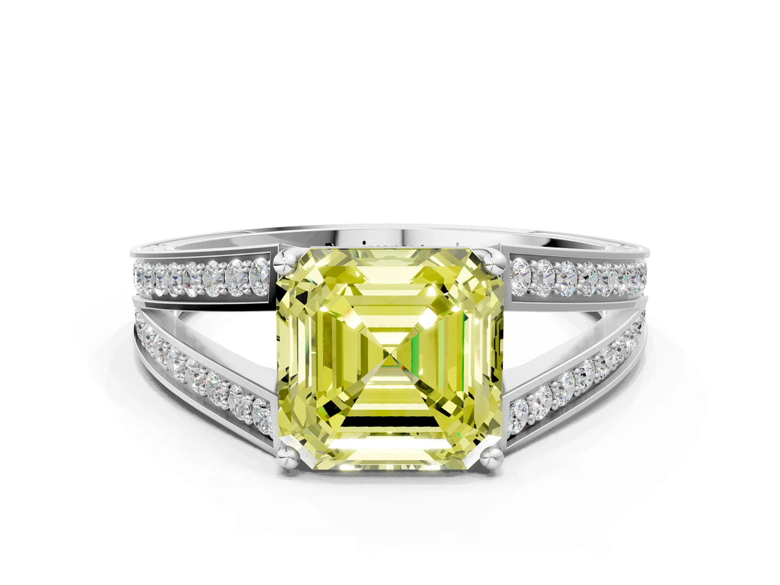 White gold Fancy Yellow Asscher Cut Diamond Split Shank Ring with Pavé Band and Four-Prong Setting_34
