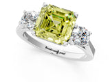 White gold Fancy Yellow Asscher Cut Diamond Three-Stone Engagement Ring with Prong Setting and Pavé Band_1