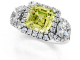 White gold Fancy Yellow Asscher Cut Diamond Three-Stone Halo Ring with Prong Setting and Pavé Accents_1
