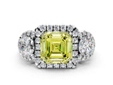 White gold Fancy Yellow Asscher Cut Diamond Three-Stone Halo Ring with Prong Setting and Pavé Accents