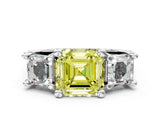 White gold Fancy Yellow Asscher Cut Diamond Three-Stone Ring with Channel Set Band and Four-Prong Setting_111