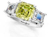 White gold Fancy Yellow Asscher Cut Diamond Three-Stone Ring with Channel Set Band and Four-Prong Setting_112