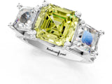 White gold Fancy Yellow Asscher Cut Diamond Three-Stone Ring with Channel Set Band and Four-Prong Setting_122