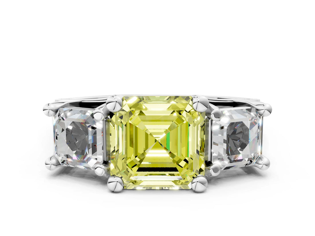 White gold Fancy Yellow Asscher Cut Diamond Three-Stone Ring with Channel Set Band and Four-Prong Setting_122