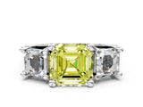 White gold Fancy Yellow Asscher Cut Diamond Three-Stone Ring with Channel Set Band and Four-Prong Setting_122