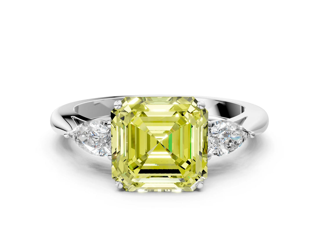White gold Fancy Yellow Asscher Cut Diamond Three-Stone Ring with Pear  Side Stones and Prong Setting_125