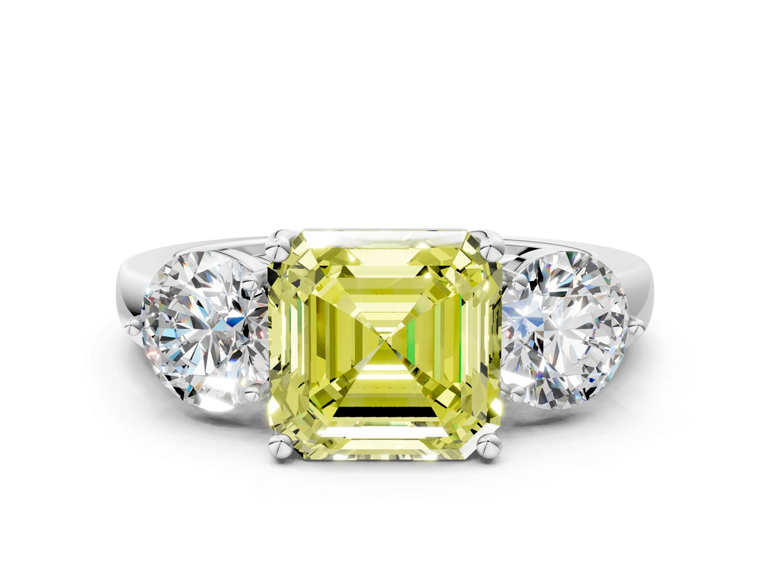 White gold Fancy Yellow Asscher Cut Diamond Three-Stone Ring with Prong Setting and Classic Band_50
