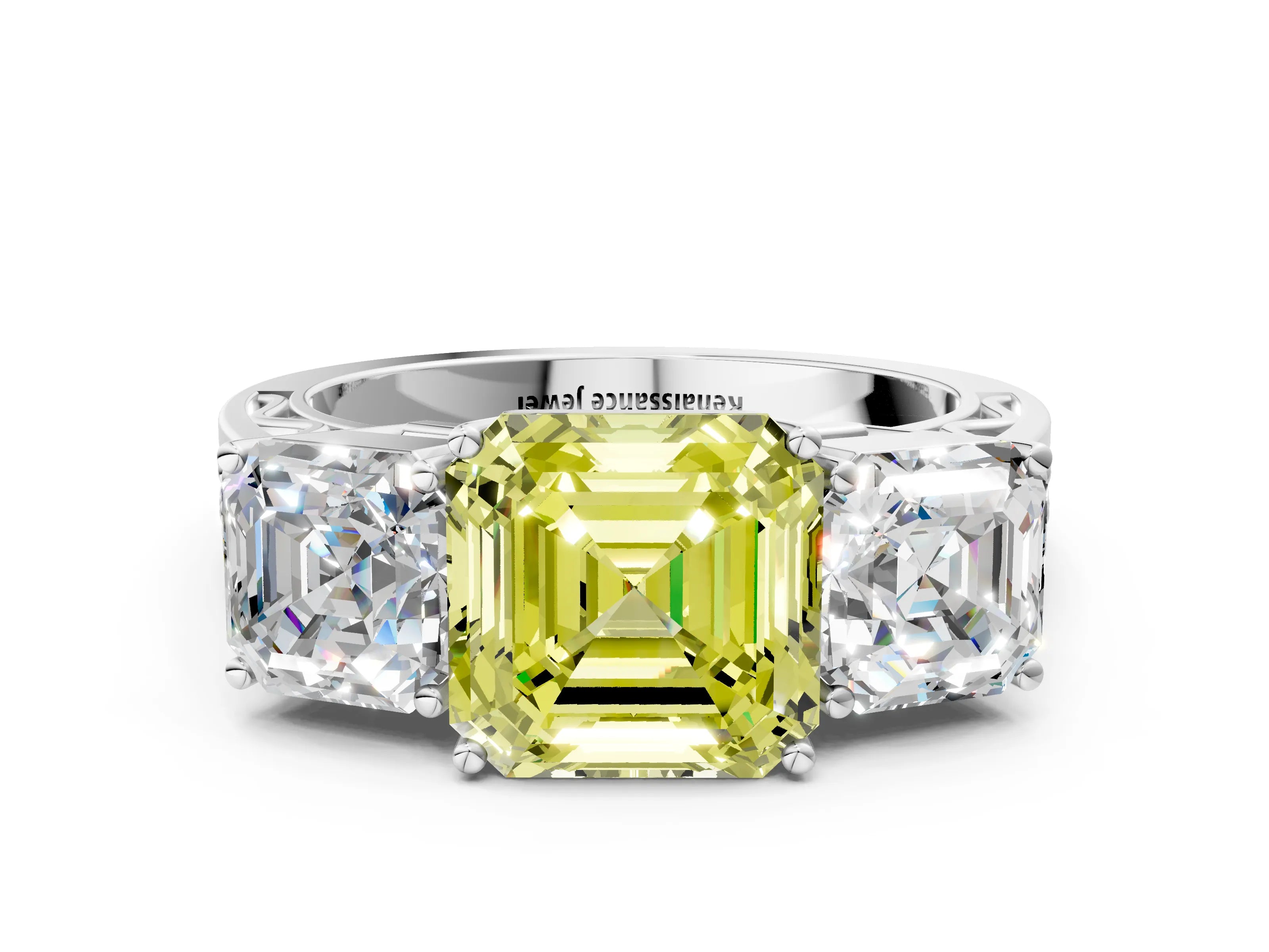 White gold Fancy Yellow Asscher Cut Diamond Three-Stone Ring with Prong Setting and Textured Band_12