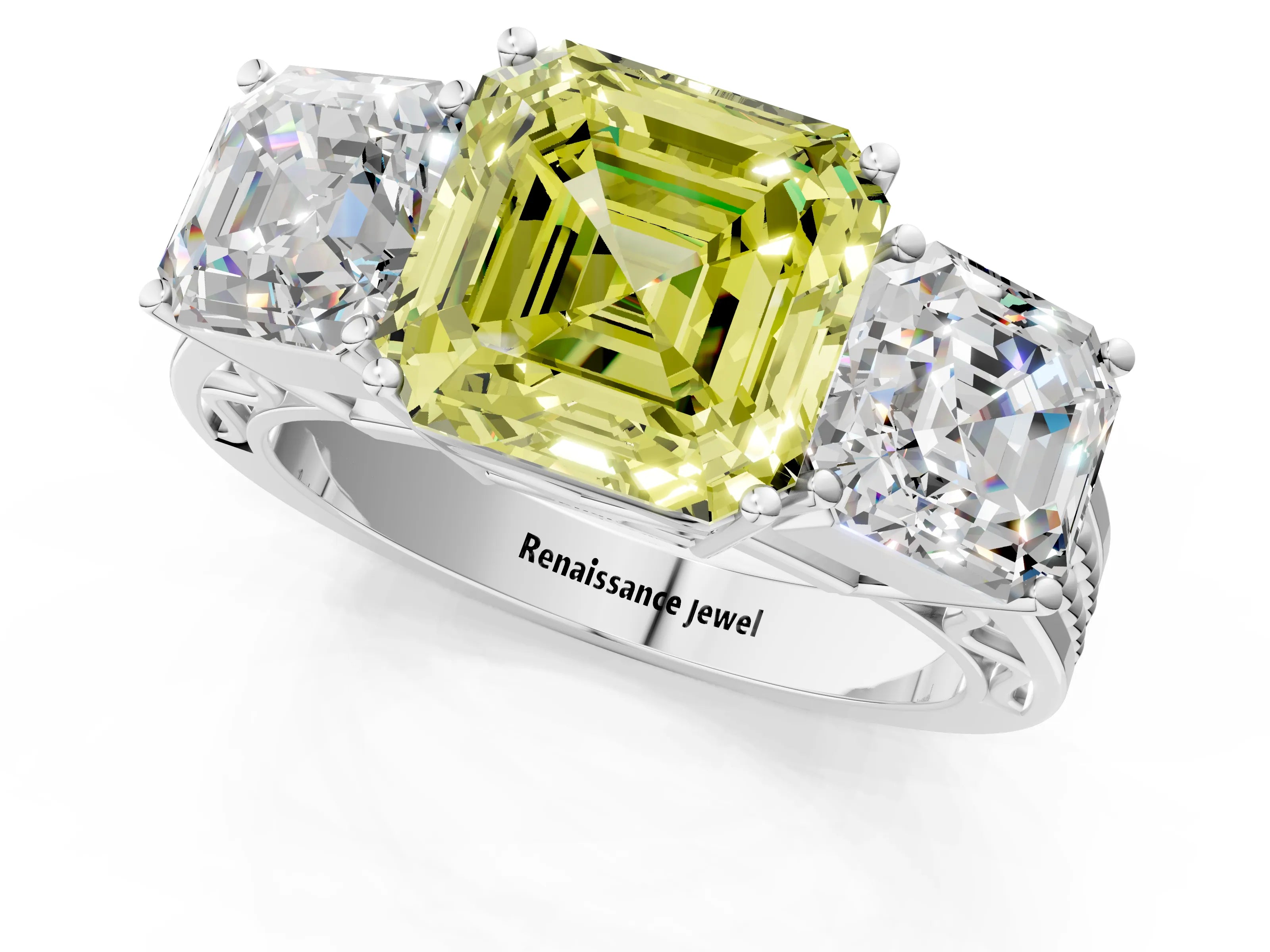 White gold Fancy Yellow Asscher Cut Diamond Three-Stone Ring with Prong Setting and Textured Band_13
