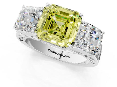 White gold Fancy Yellow Asscher Cut Diamond Three-Stone Ring with Prong Setting and Textured Band_13