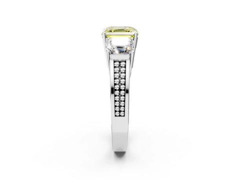 White gold Fancy Yellow Asscher Cut Diamond Three-Stone Ring with Prong Setting and Textured Band_14