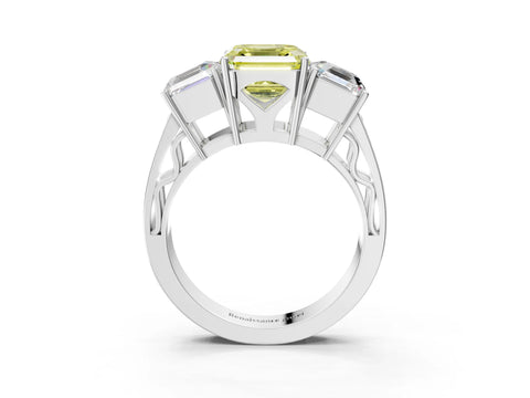 White gold Fancy Yellow Asscher Cut Diamond Three-Stone Ring with Prong Setting and Textured Band_15