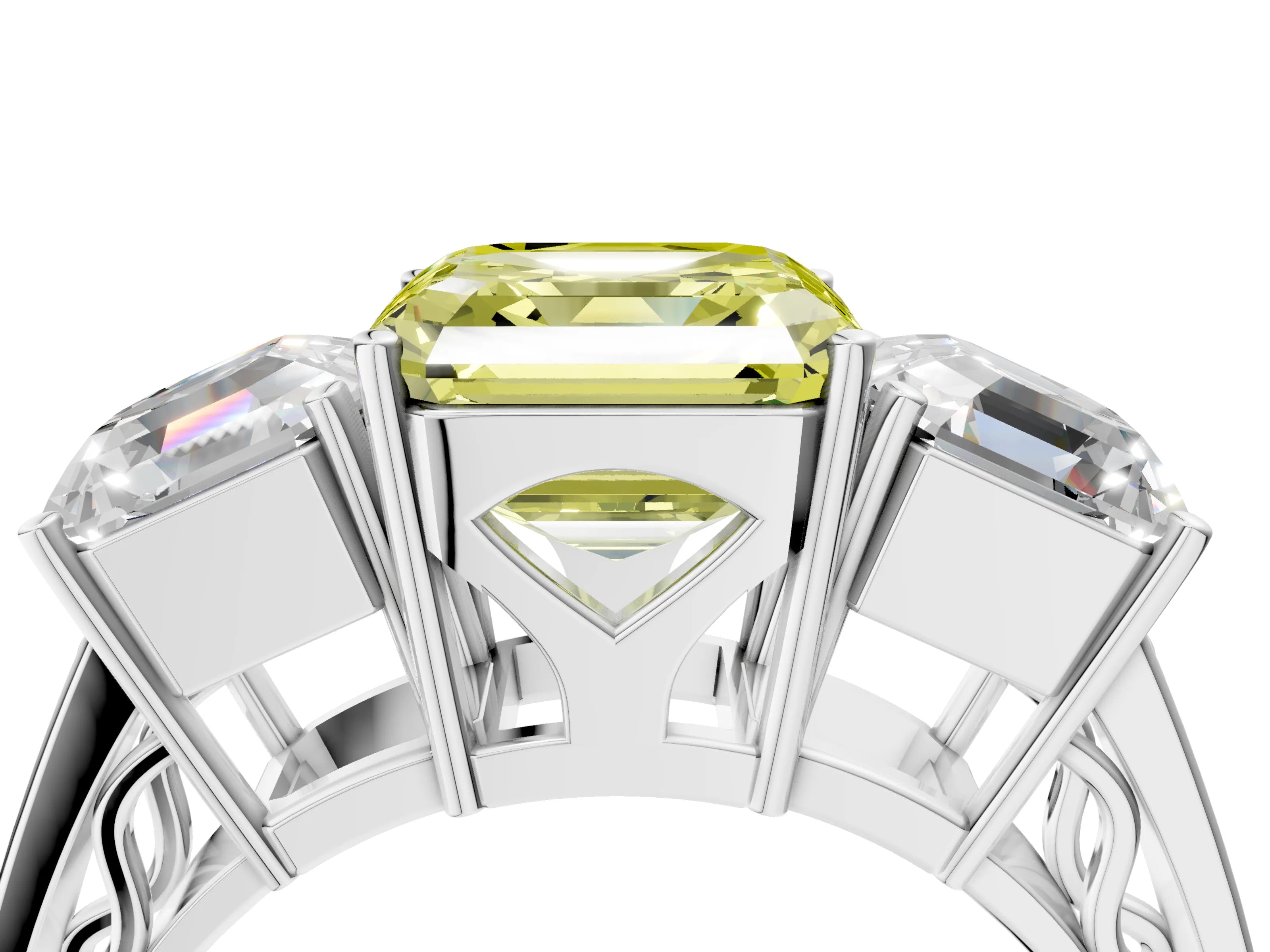 White gold Fancy Yellow Asscher Cut Diamond Three-Stone Ring with Prong Setting and Textured Band_16