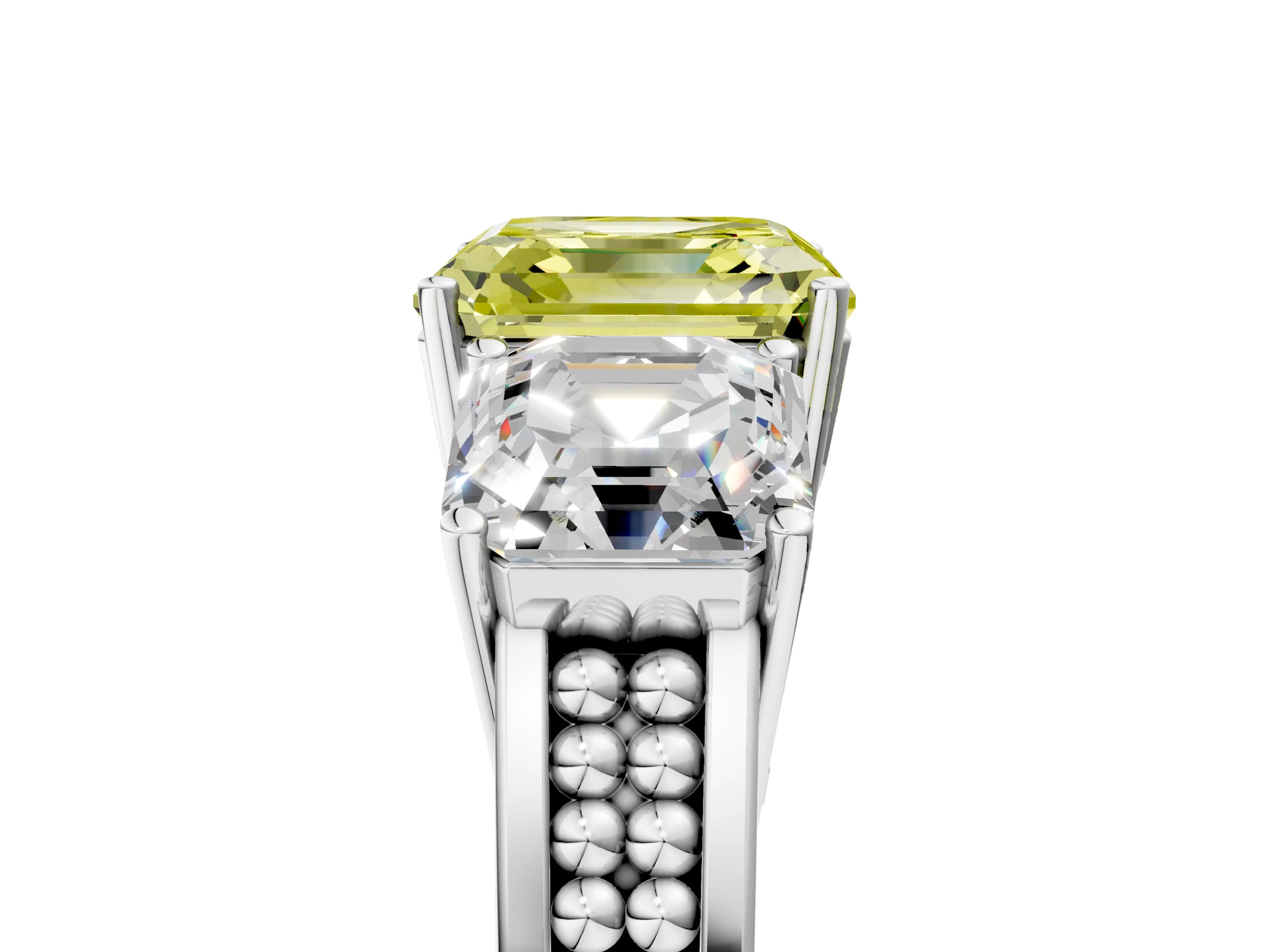 White gold Fancy Yellow Asscher Cut Diamond Three-Stone Ring with Prong Setting and Textured Band_17