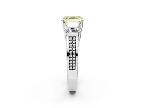 White gold Fancy Yellow Asscher Cut Diamond Three-Stone Ring with Prong Setting and Textured Band_2