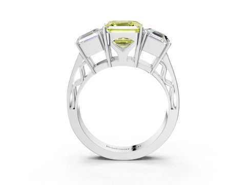 White gold Fancy Yellow Asscher Cut Diamond Three-Stone Ring with Prong Setting and Textured Band_3