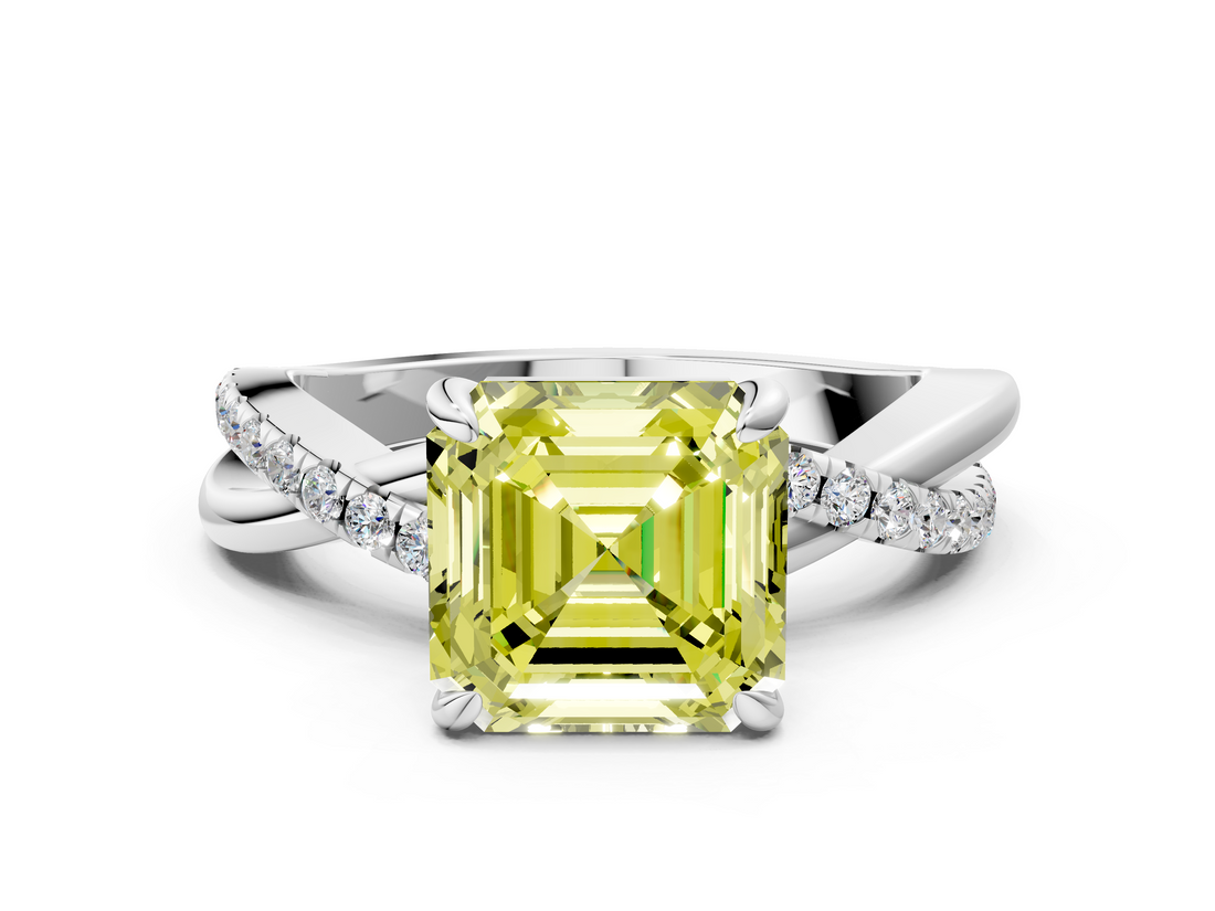 White gold Fancy Yellow Asscher  Cut Diamond Twist Band Solitaire with Prong Setting_17