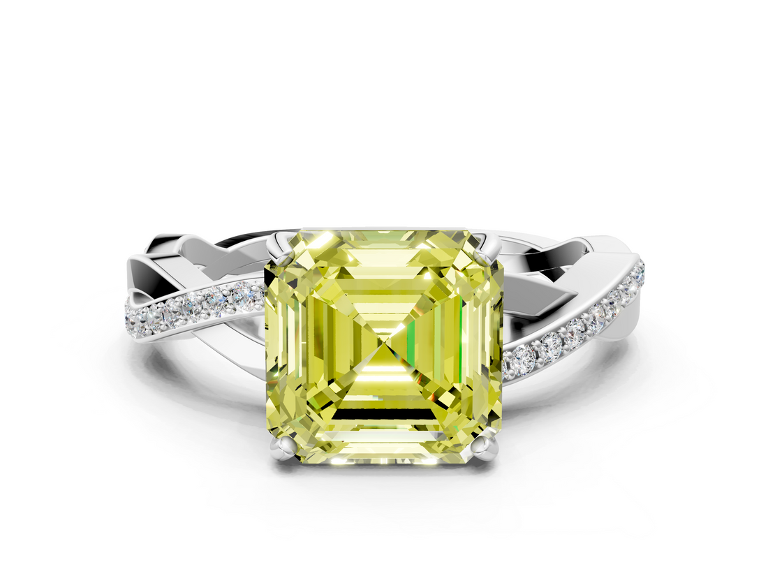 White gold Fancy Yellow Asscher  Cut Diamond Twisted Band Engagement Ring with Prong Setting_3