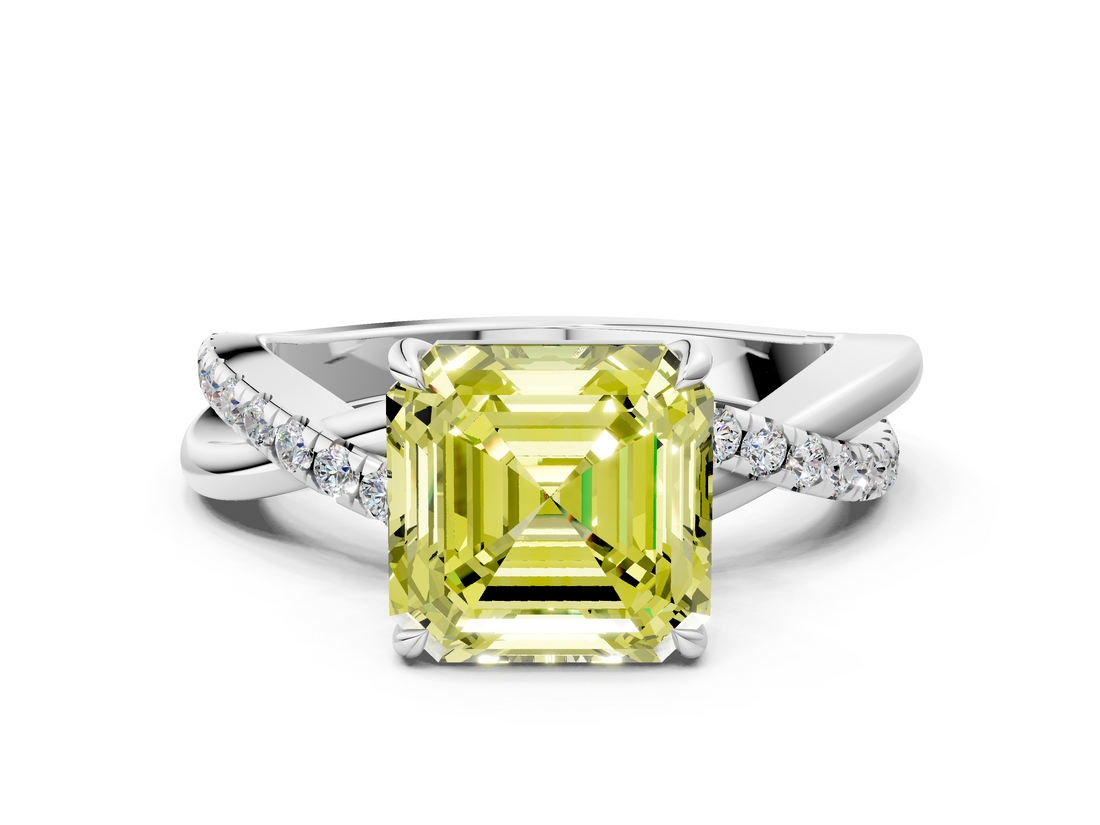 White gold Fancy Yellow Asscher  Cut Diamond Twisted Band with Pavé Setting and Four-Prong Setting_12