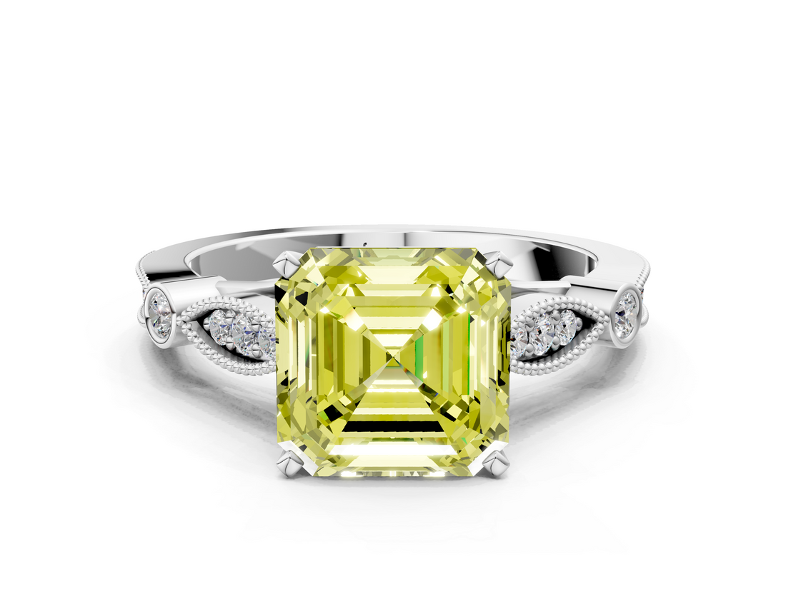 White gold Fancy Yellow Asscher  Cut Diamond with Milgrain Marquise and Bezel Accents on a Solitaire Band with Prong Setting_17