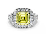 White gold Fancy Yellow Asscher  Cut Double Halo Diamond Engagement Ring with Pave Band and Four-Prong Setting_38