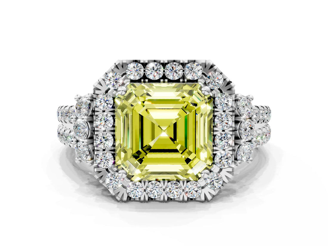 White gold Fancy Yellow Asscher  Cut Double Halo Diamond Engagement Ring with Pave Band and Four-Prong Setting_38