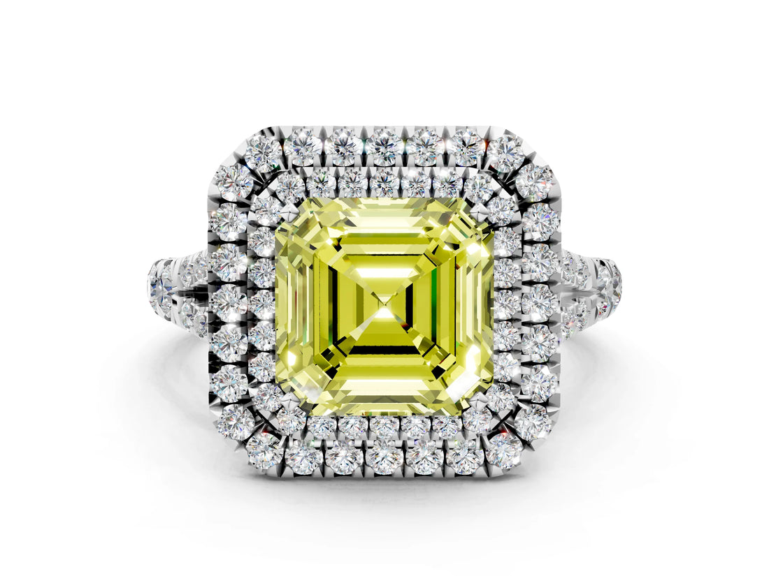 White gold Fancy Yellow Asscher  Cut Double Halo Split Shank Diamond Ring with Prong Setting_46