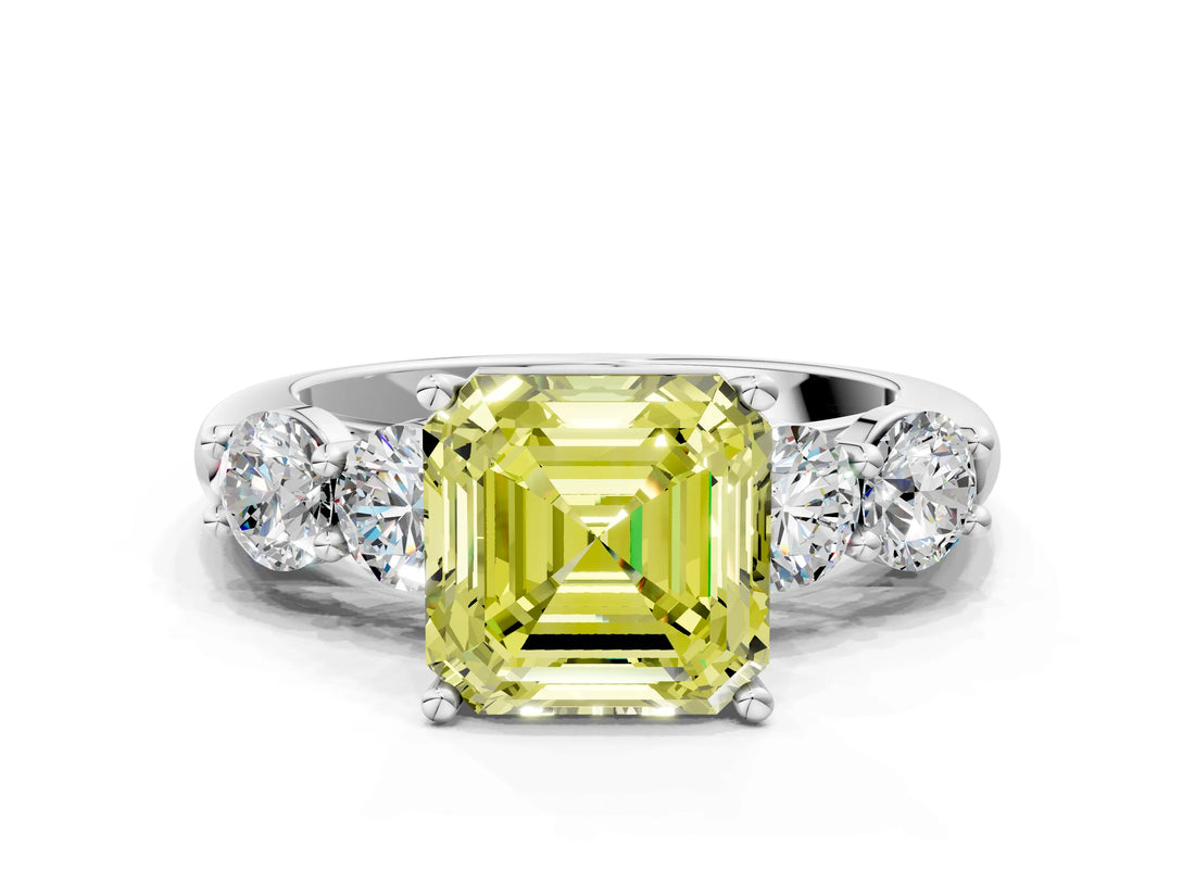 White gold Fancy Yellow Asscher  Cut Five-Stone Prong Set Diamond Ring with Classic Band_29