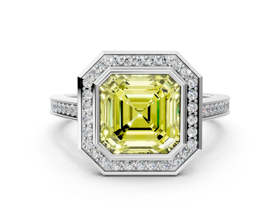 White gold Fancy Yellow Asscher Cut Halo Bezel Diamond Pave Band Ring