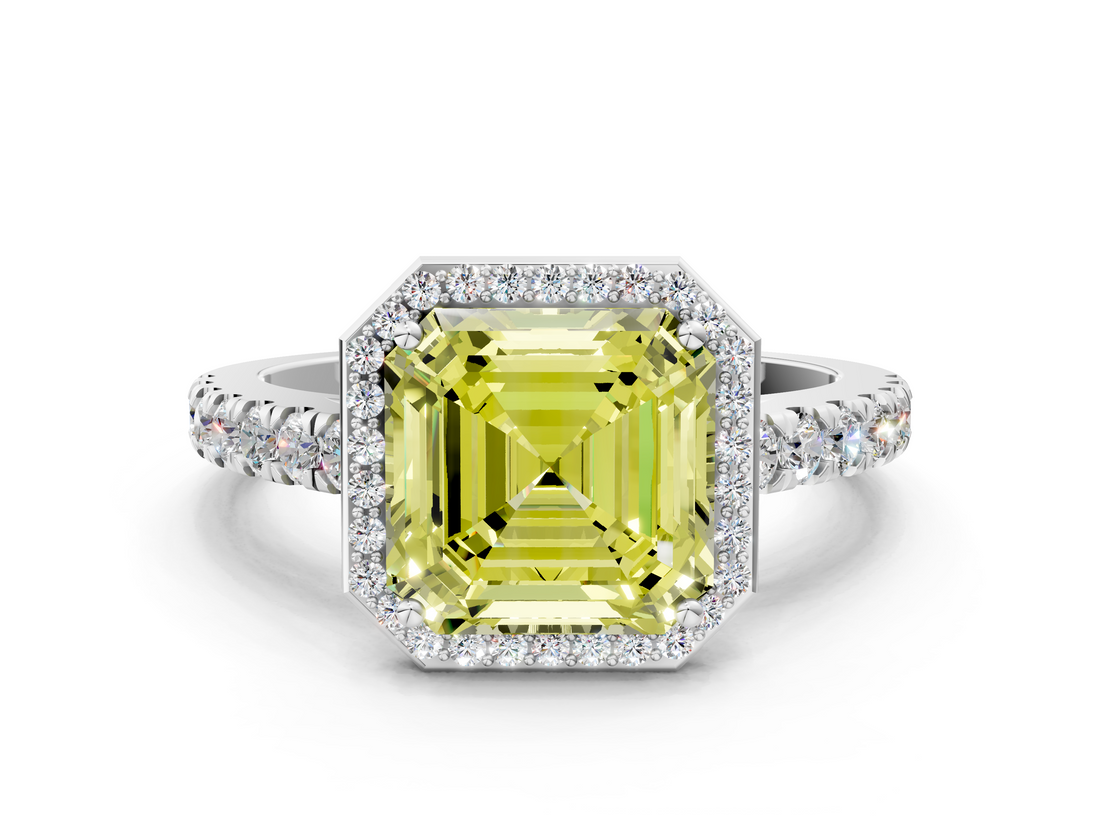 White gold Fancy Yellow Asscher  Cut Halo Diamond Engagement Ring with Pave Band and Four-Prong Setting_18