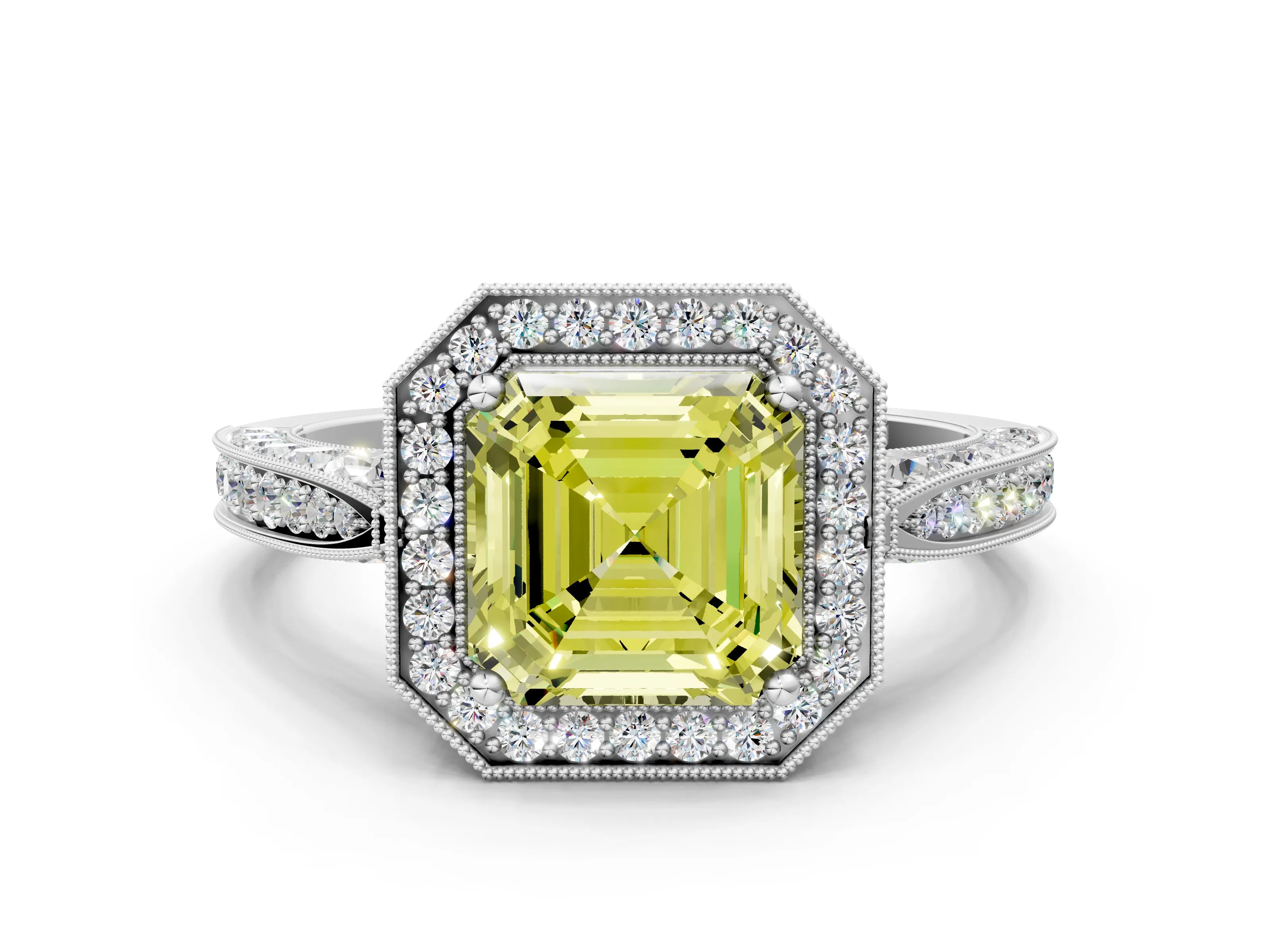 White gold Fancy Yellow Asscher Cut Halo Diamond Engagement Ring with Split Shank Band and Four-Prong Setting_12