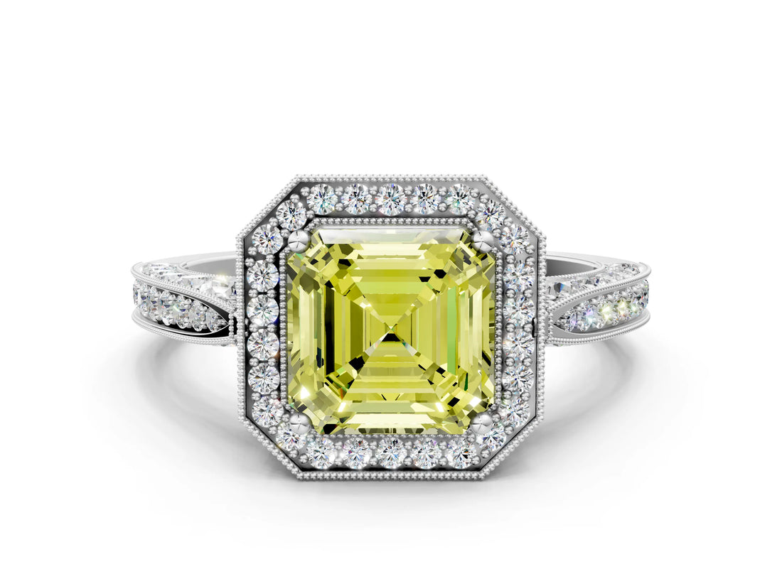 White gold Fancy Yellow Asscher Cut Halo Diamond Engagement Ring with Split Shank Band and Four-Prong Setting_12