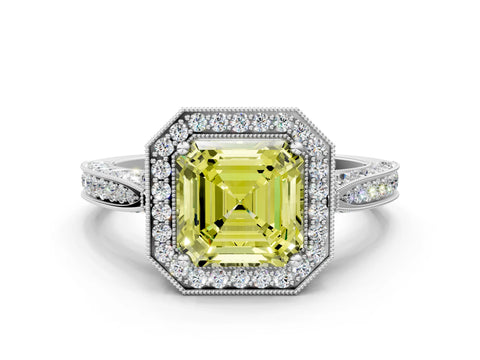 White gold Fancy Yellow Asscher Cut Halo Diamond Engagement Ring with Split Shank Band and Four-Prong Setting_12