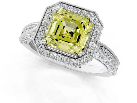 White gold Fancy Yellow Asscher Cut Halo Diamond Engagement Ring with Split Shank Band and Four-Prong Setting_13