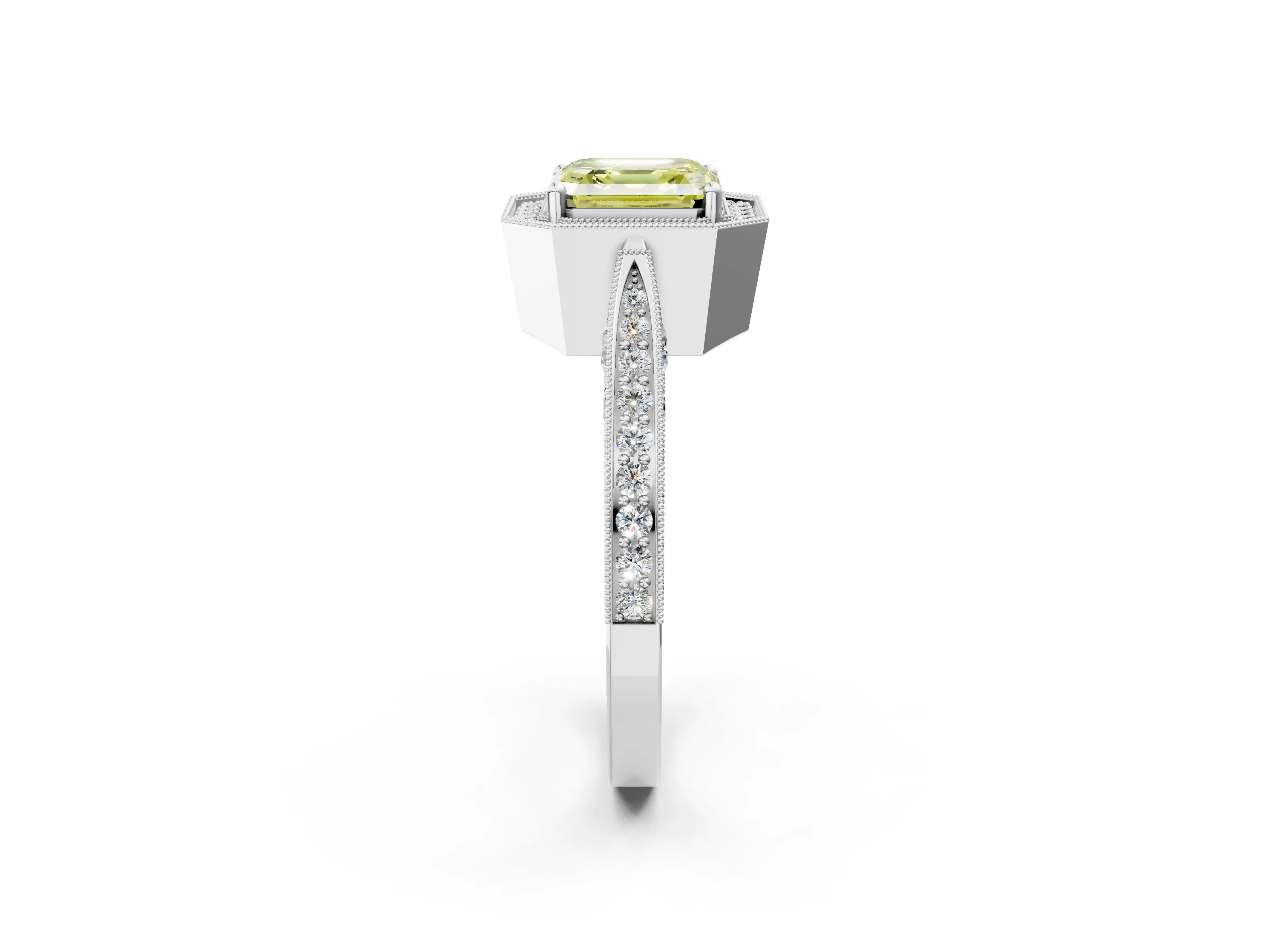 White gold Fancy Yellow Asscher Cut Halo Diamond Engagement Ring with Split Shank Band and Four-Prong Setting_14