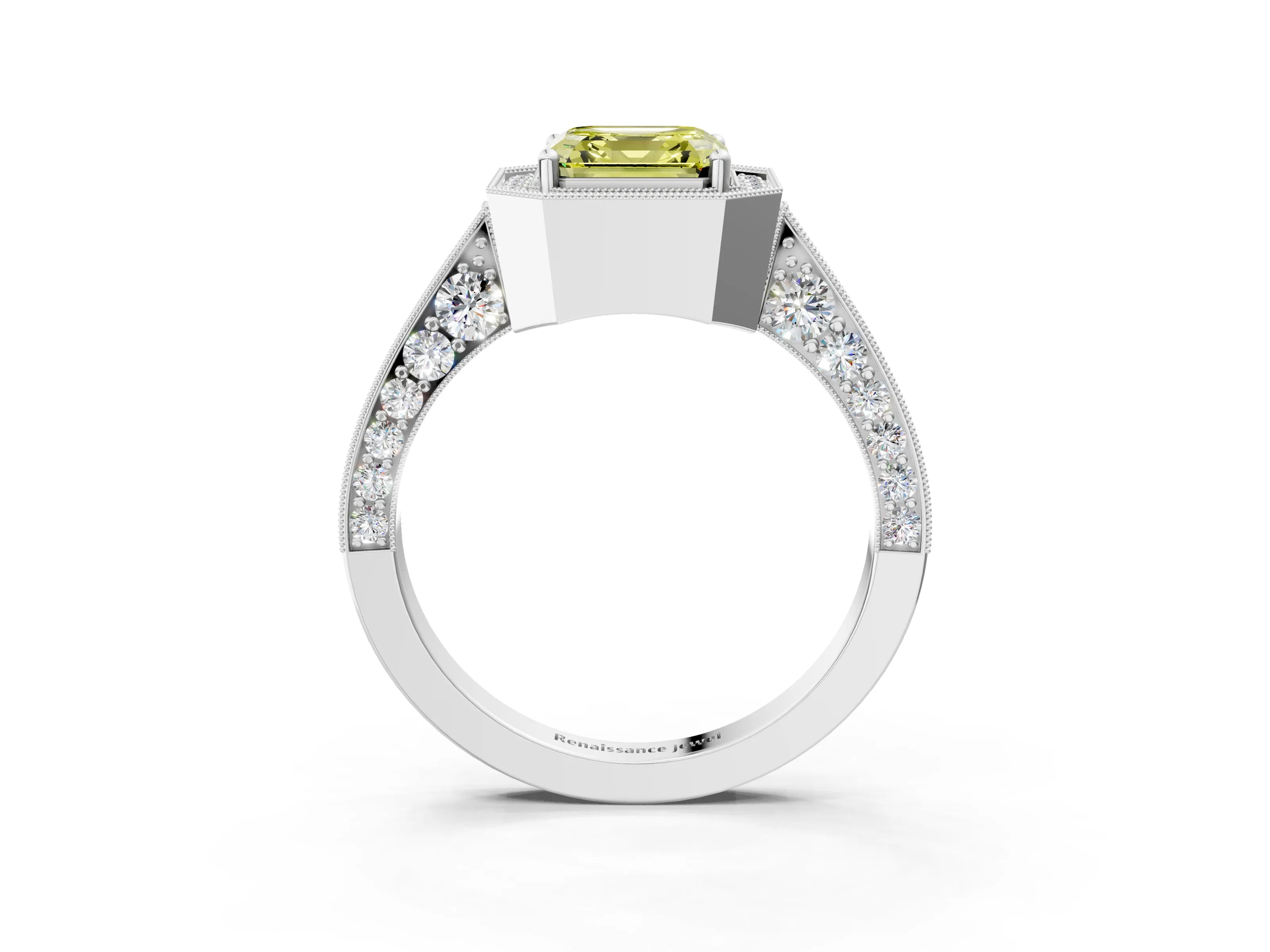 White gold Fancy Yellow Asscher Cut Halo Diamond Engagement Ring with Split Shank Band and Four-Prong Setting_15