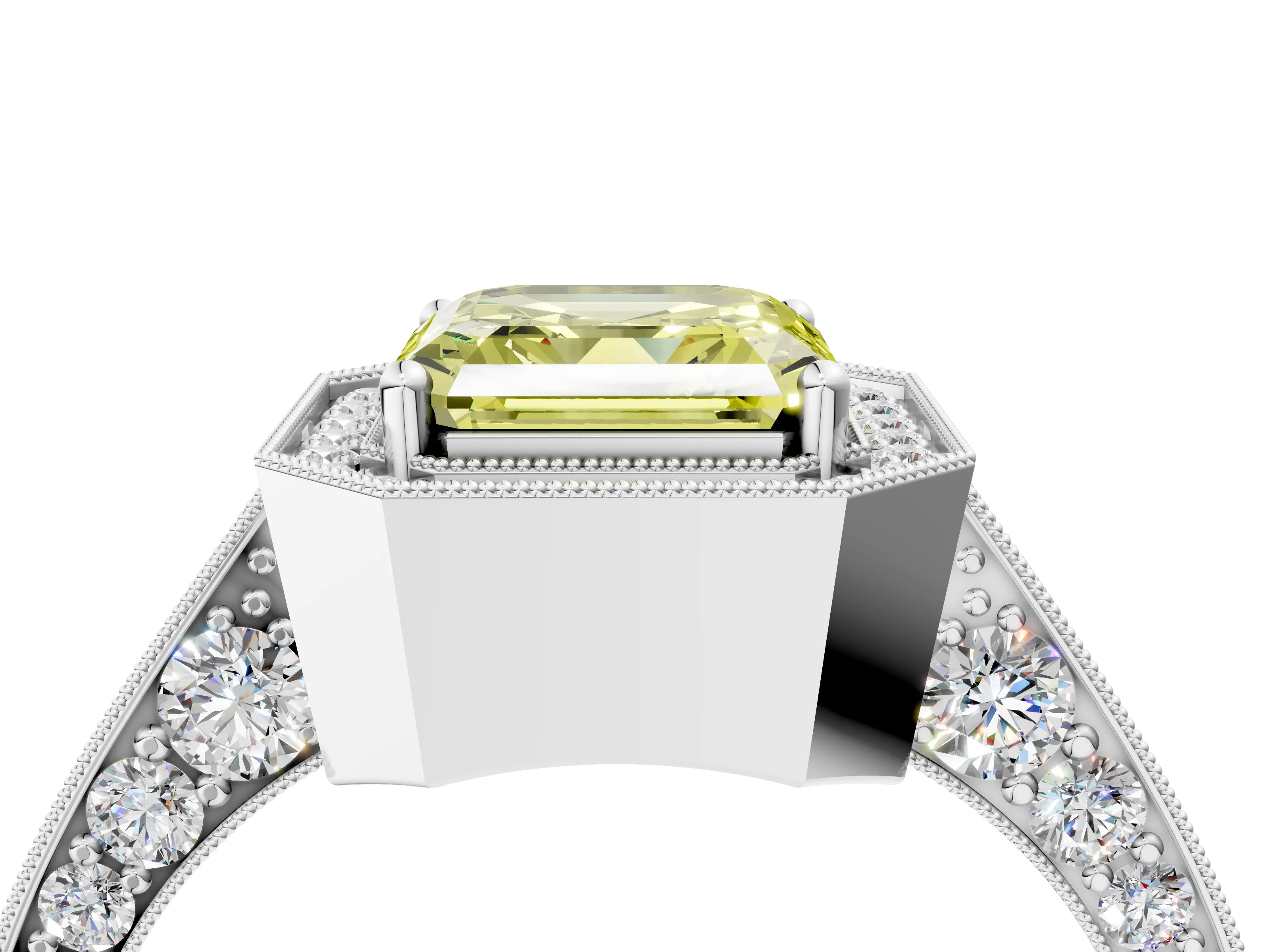 White gold Fancy Yellow Asscher Cut Halo Diamond Engagement Ring with Split Shank Band and Four-Prong Setting_16