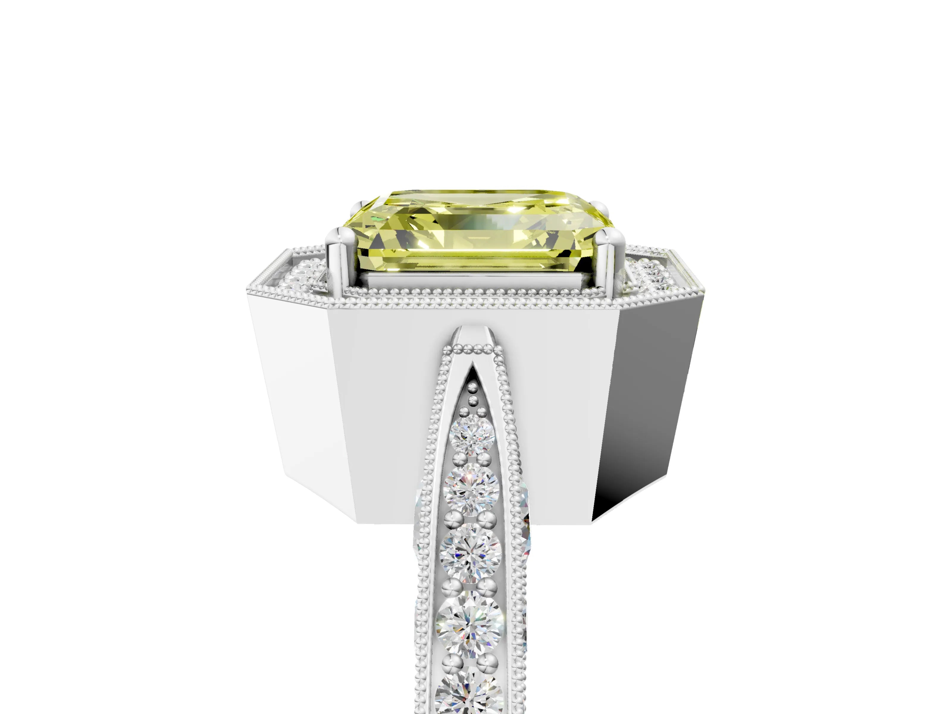 White gold Fancy Yellow Asscher Cut Halo Diamond Engagement Ring with Split Shank Band and Four-Prong Setting_17