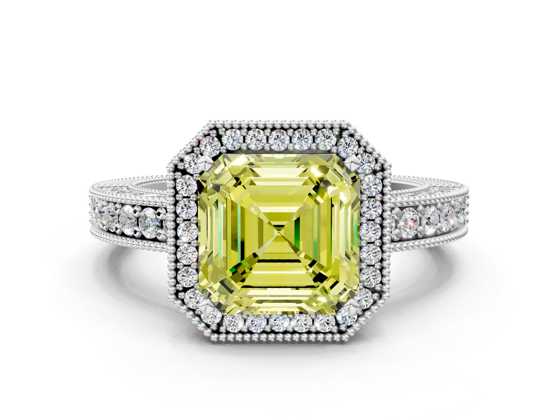 White gold Fancy Yellow Asscher  Cut Halo Diamond Pave Band Ring with Four-Prong Setting