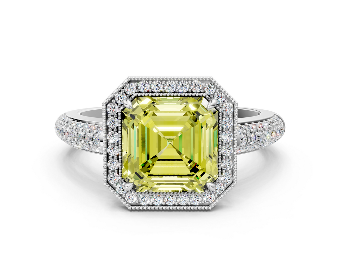White gold Fancy Yellow Asscher  Cut Halo Diamond Pave Band with Four-Prong Setting_17